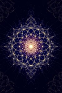 Sacred Geometry, Mandala of the Architect of Reality in gold lines on a dark blue background. Symbol of cosmic origin and manifestation.