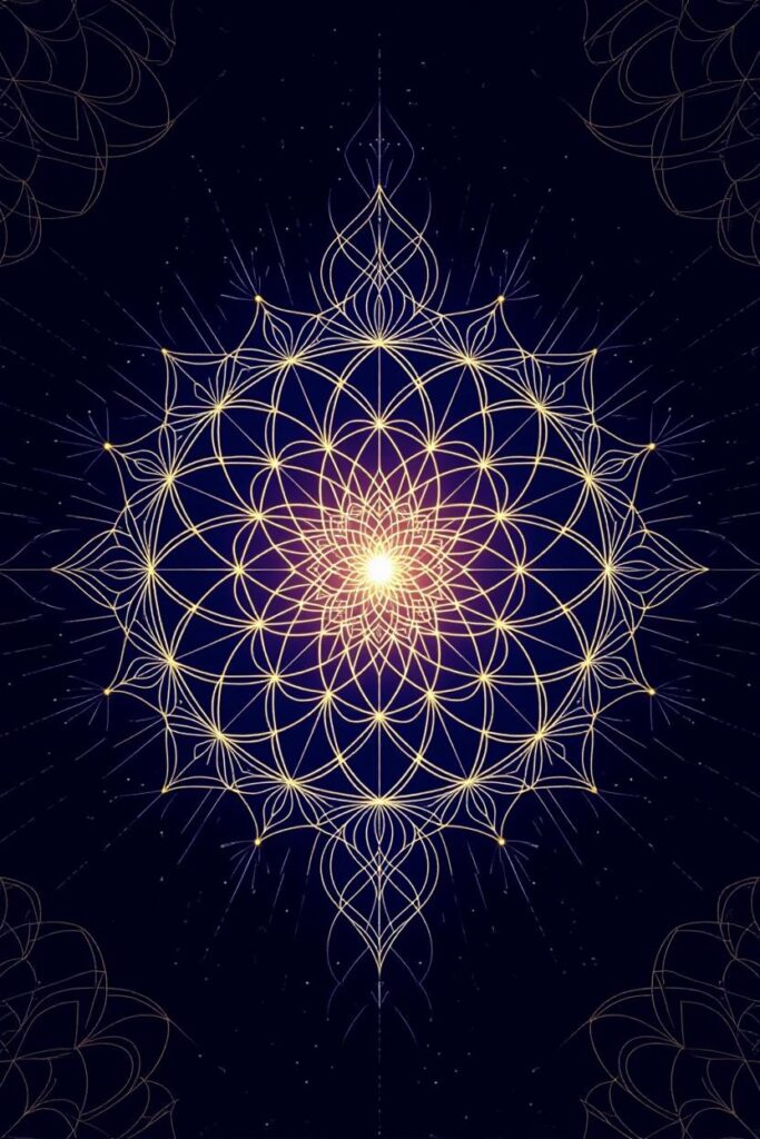Sacred Geometry, Mandala of the Architect of Reality in gold lines on a dark blue background. Symbol of cosmic origin and manifestation.
