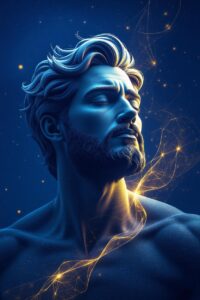 the Sovereignty of New Beginning. glowing blue and electric gold accents on a blue stellar background, symbolizing to take action