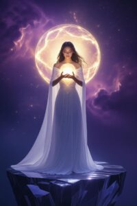 A majestic, ethereal figure of a woman holding a glowing orb of light over her heart, standing on a crystalline platform. The scene is set in a cosmic, violet and gold nebula, symbolizing the certainty of inner guidance and Radical Self-Trust.