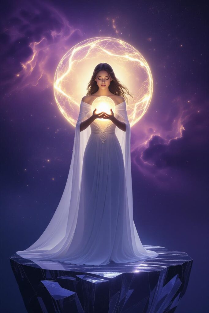 A majestic, ethereal figure of a woman holding a glowing orb of light over her heart, standing on a crystalline platform. The scene is set in a cosmic, violet and gold nebula, symbolizing the certainty of inner guidance and Radical Self-Trust.