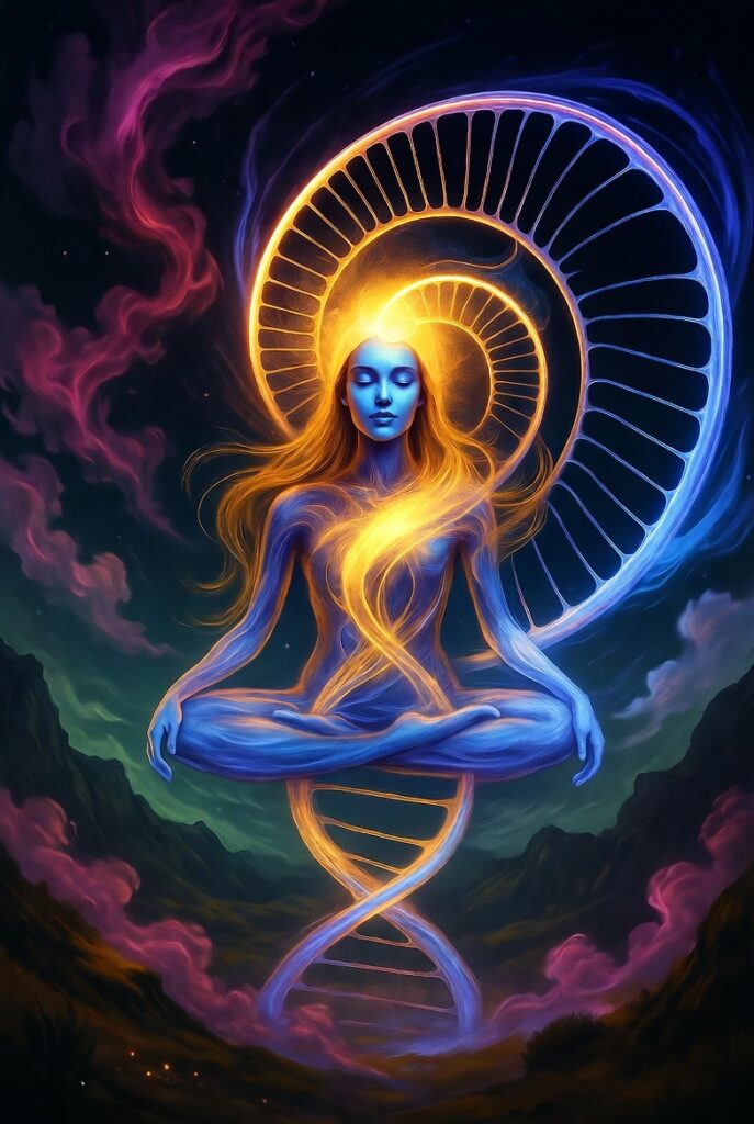 Ethereal figure centered in a spiral of gold and blue light, symbolizing the universal principle of Rhythmic Harmonization.