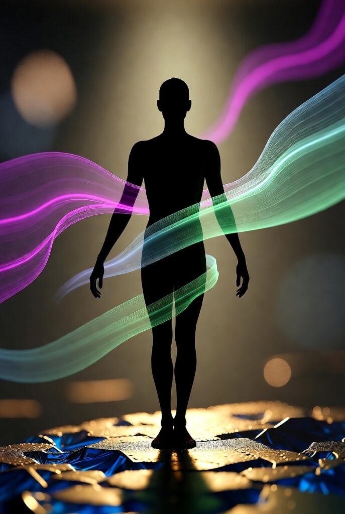 Archetypal figure meditating in a futuristic, high-contrast landscape with flowing gold and violet energy waves to symbolize Rhythmic Harmonization.