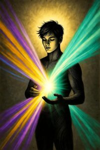 An illuminated figure balancing a geometric sphere of light in one hand and a soft, growing vine in the other, symbolizing Harmonious Balance and cooperative progress.