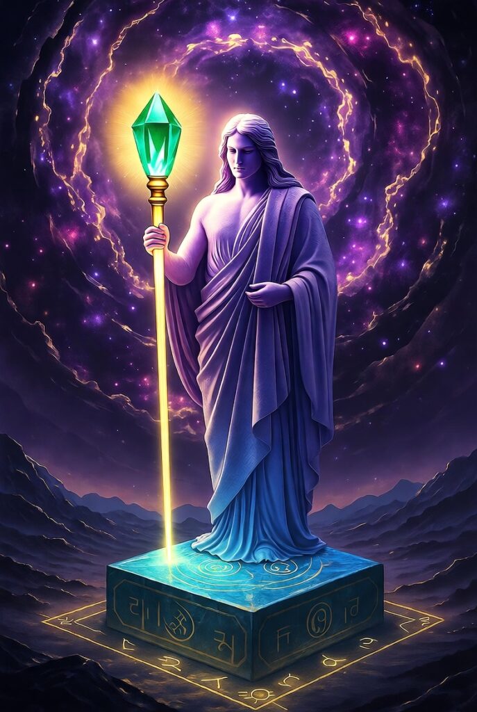 An ethereal, high-contrast image of an illuminated figure standing on a crystal plinth, holding a glowing scepter that symbolizes Principled Sovereignty, against a cosmic violet and gold textured background.