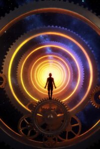 Ethereal, vertical-oriented art showing illuminated golden light waves pulsing around a central figure in a violet and blue nebula, symbolizing Rhythmic Harmonization.