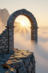 Futuristic stone archway on cliff with golden light focusing on path; symbol of Decisive Alignment.