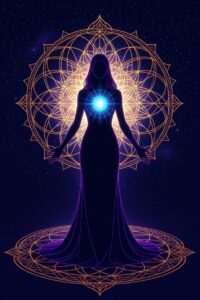 Female Silhouette with Glowing Heart Chakra and Sacred Geometry
