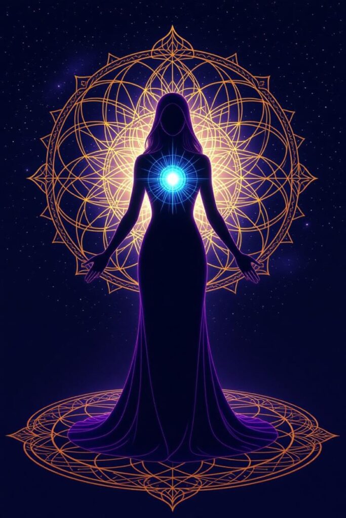 Female Silhouette with Glowing Heart Chakra and Sacred Geometry