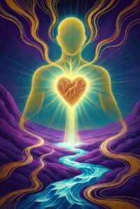 A luminous, gold-etched figure opening their chest to reveal a glowing, pure blue light, symbolizing the release of inner truth and Radical Honesty.