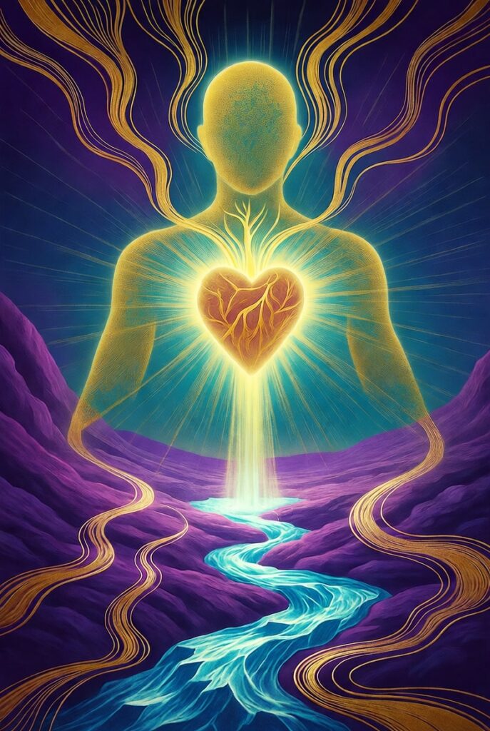 A luminous, gold-etched figure opening their chest to reveal a glowing, pure blue light, symbolizing the release of inner truth and Radical Honesty.
