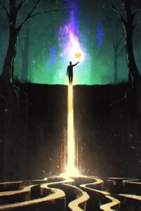 A glowing figure, possibly a mystic or alchemist, stands on a dark, fractured ground. They are holding a radiant, glowing orb that is transforming the surrounding darkness into vibrant gold light, symbolizing Alchemical Restoration.