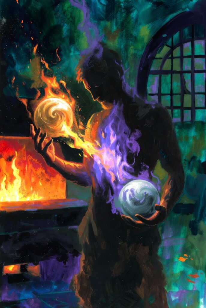 Intricate illustration of a figure merging two glowing spheres, symbolizing Alchemical Integration and inner synthesis.