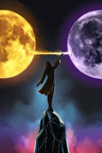 Intricate illustration of a balanced figure moving between two celestial bodies, symbolizing Rhythmic Harmonization.