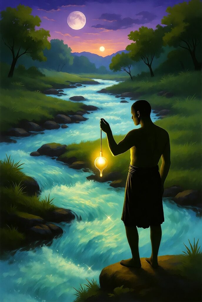 Intricate illustration of a stylized figure balancing a glowing pendulum, symbolizing Rhythmic Harmonization and energy flow.