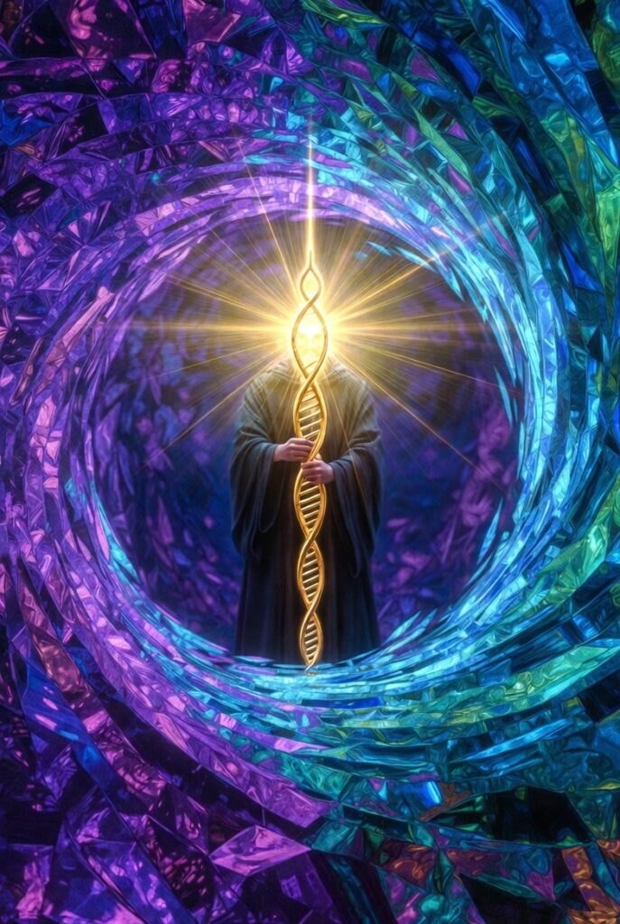 Intricate illustration of an illuminated figure achieving inner and outer synchronization through Harmonic Alignment, with energy flowing between them and a celestial symbol.