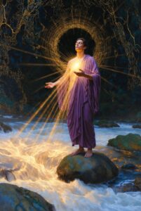 Intricate, painterly illustration of a figure standing on a flowing river bank, conducting a visible, golden-blue light that flows between their hands and the water, symbolizing Rhythmic Harmonization and synchronicity.