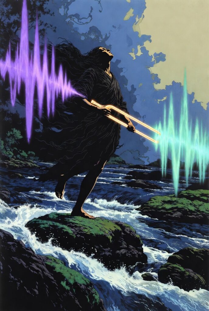 Intricate illustration of a dynamic figure standing in a river, holding a tuning fork that emanates rhythmic waves, symbolizing Rhythmic Harmonization.
