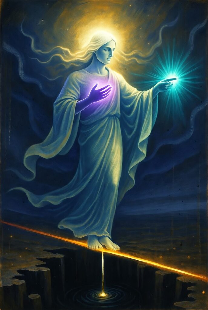 An intricate, painterly illustration of a figure standing balanced on a single, glowing golden thread, linking a violet heart in their chest to a focused blue light in their hand, symbolizing Sovereign Coherence.