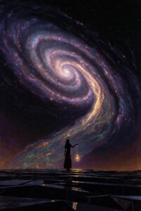 Intricate, painterly illustration of a lone figure standing on a flat, geometric plane in front of a vast, celestial spiral that is perfectly synchronized with a small, glowing pendulum in their hand. The scene symbolizes Rhythmic Harmonization.