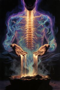 Intricate illustration of a meditating figure overseeing Alchemical Integration, where smoky shadow elements transform into molten gold light in a crucible.