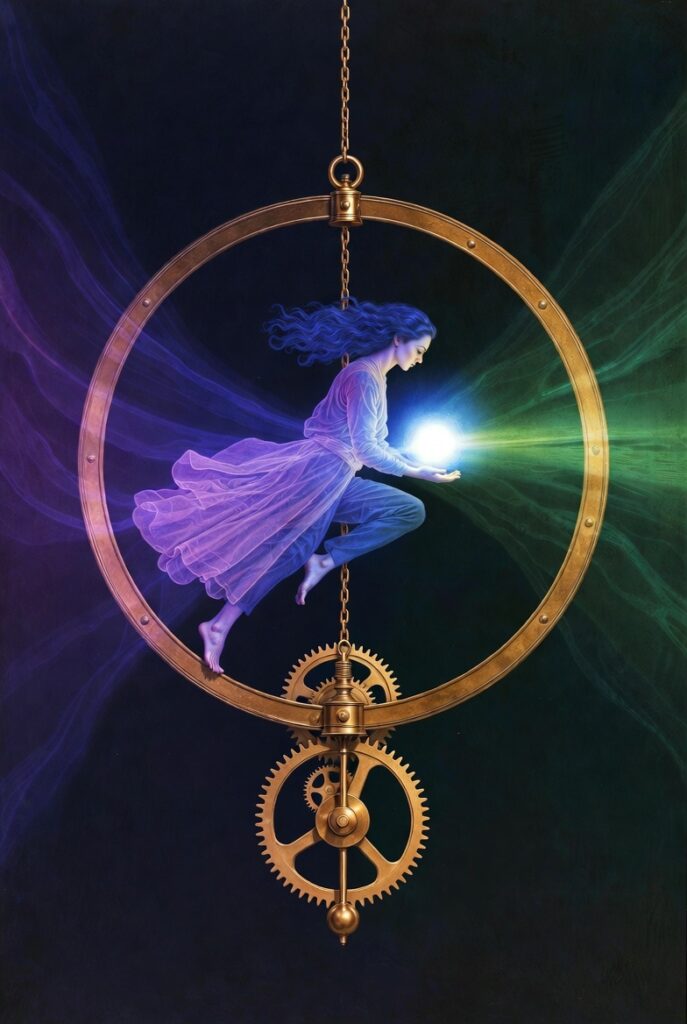 Intricate, painterly illustration of a figure gracefully balancing on a celestial pendulum, symbolizing Rhythmic Harmonization and dynamic equilibrium.
