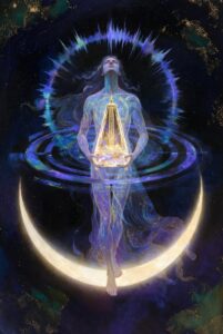 Intricate illustration of a celestial figure standing on a perfectly balanced crescent moon, holding a golden metronome that emits concentric, harmonious blue and violet rings of light, symbolizing Rhythmic Harmonization and perfect universal timing.