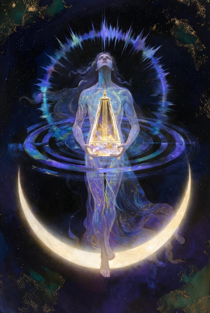 Intricate illustration of a celestial figure standing on a perfectly balanced crescent moon, holding a golden metronome that emits concentric, harmonious blue and violet rings of light, symbolizing Rhythmic Harmonization and perfect universal timing.