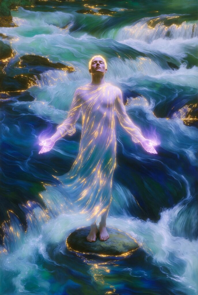 An intricate, painterly illustration of a graceful, androgynous figure standing barefoot in a luminous river. The water flows around them effortlessly, not against them. The figure's hand is open, and a gentle, glowing violet light is emanating from their palm, symbolizing the surrender to The Principle of Dynamic Flow (Non-Resistance).