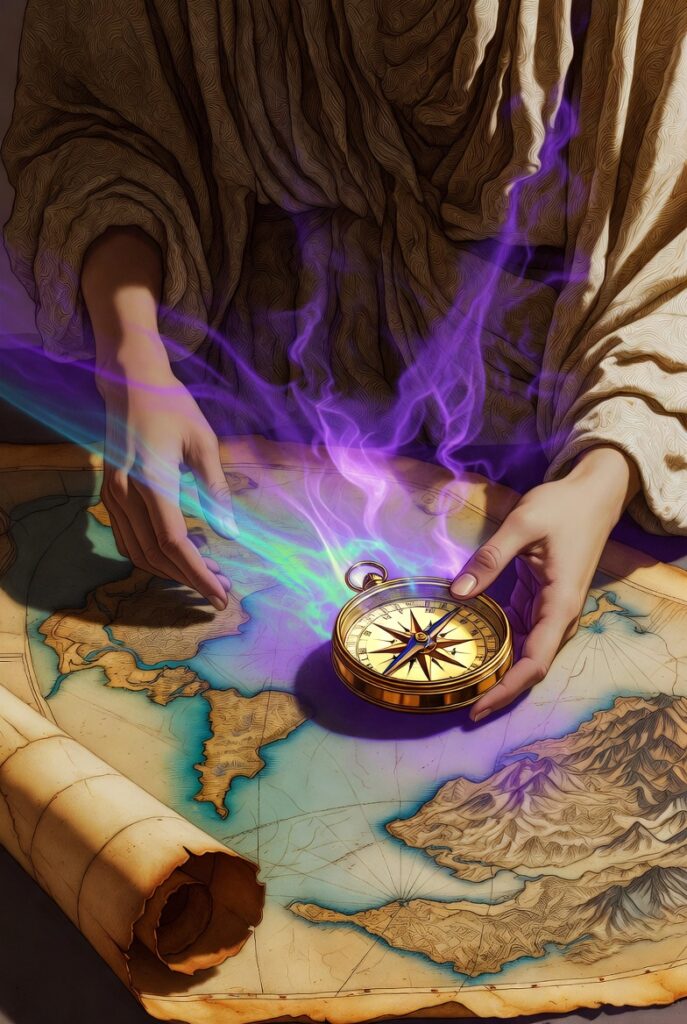 Intricate, painterly illustration of a figure holding a luminous golden compass and adjusting their course on a textured map, symbolizing Strategic Reorientation.