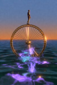 Intricate, painterly illustration of a figure standing on a perfectly balanced, rotating wheel, symbolizing Rhythmic Harmonization and dynamic stability.