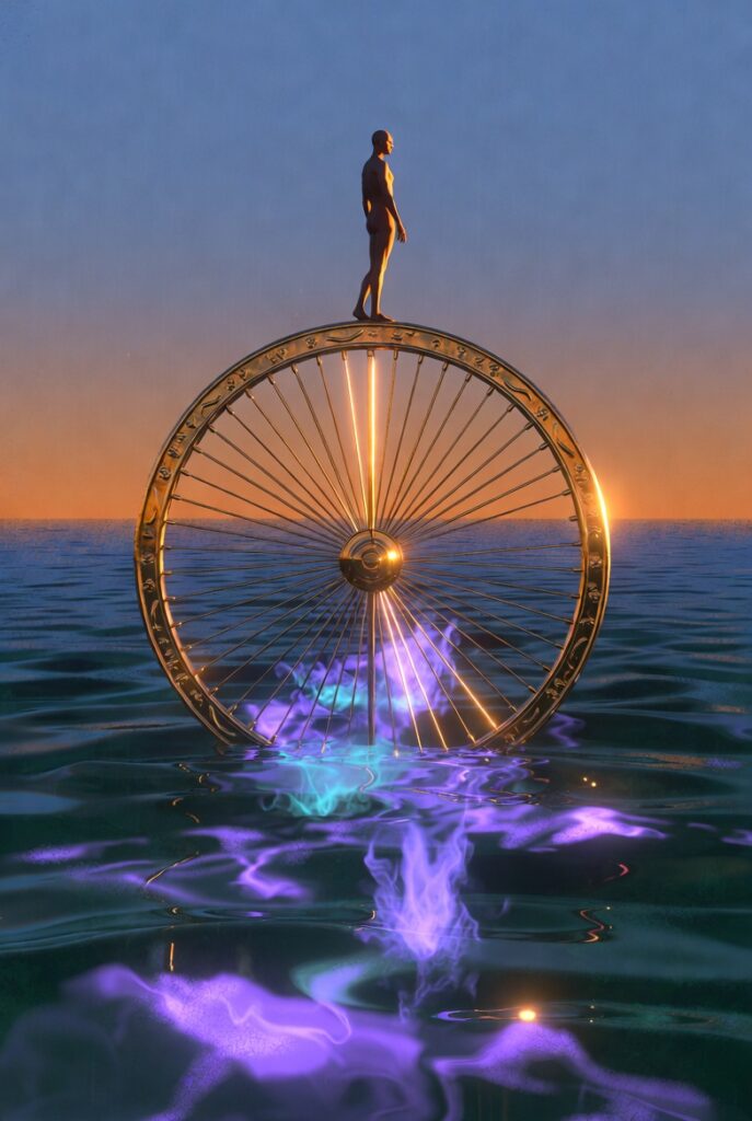 Intricate, painterly illustration of a figure standing on a perfectly balanced, rotating wheel, symbolizing Rhythmic Harmonization and dynamic stability.