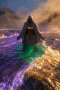 Intricate illustration of a wise, ethereal figure unifying two streams of light, symbolizing Alchemical Integration of mind and spirit.