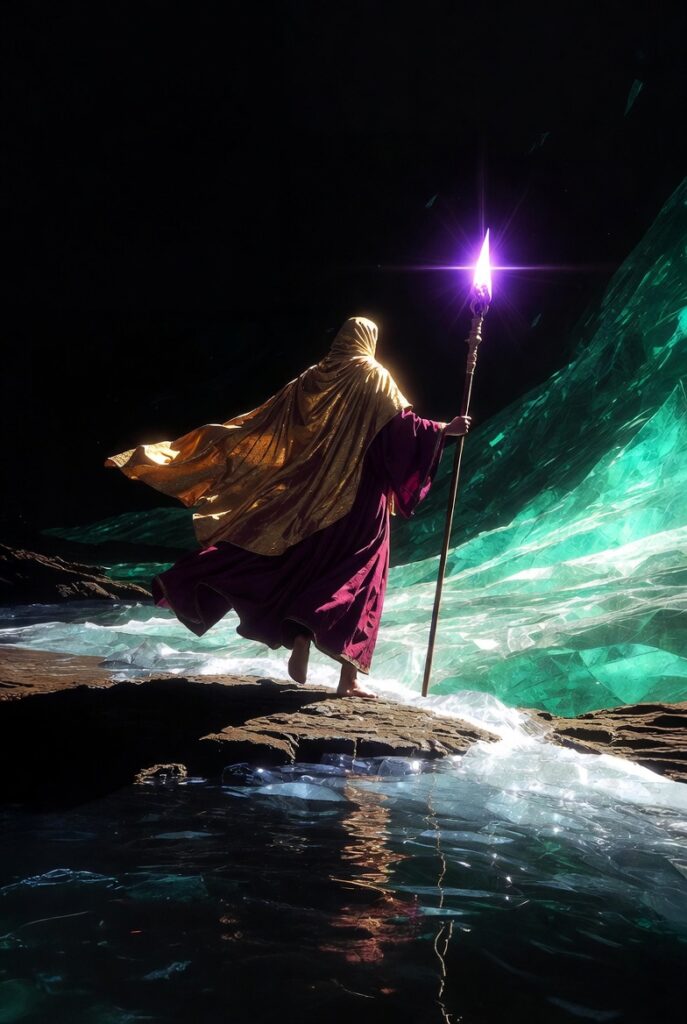 Intricate, painterly illustration of a solitary figure in high-contrast gold and deep maroon robes, standing at the precipice of a flowing, crystalline river. The figure is not hesitant, but is actively lifting one foot to step across onto a new, brightly illuminated, emerald-green shore. A brilliant, ethereal violet light emanates from a single, empowered staff held firmly in their hand, cutting through a high-contrast shadow. (9:16 vertical aspect ratio, high fidelity, deep symbolism, Archetypal and High-Contrast).