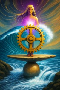 An intricate illustration of a serene figure standing on a perfectly balanced fulcrum, holding a luminous, slowly spinning wheel that represents the continuous, rhythmic flow of energy and the universal principle of Rhythmic Harmonization.