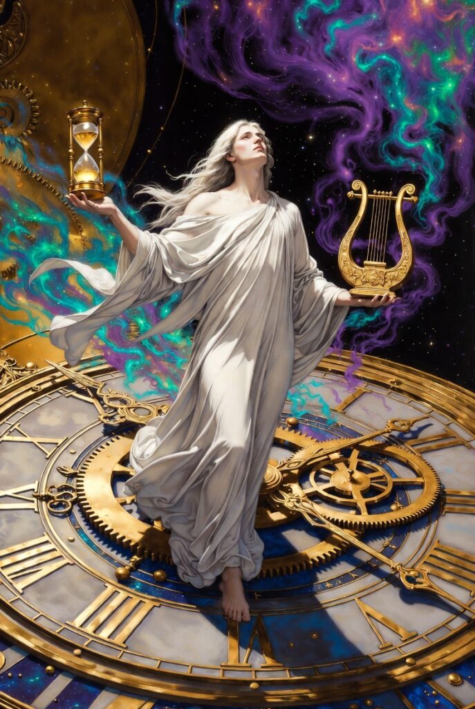 Intricate, painterly illustration of a figure gracefully dancing on a swirling, violet and gold cosmic clock face, symbolizing Rhythmic Harmonization and balanced flow.