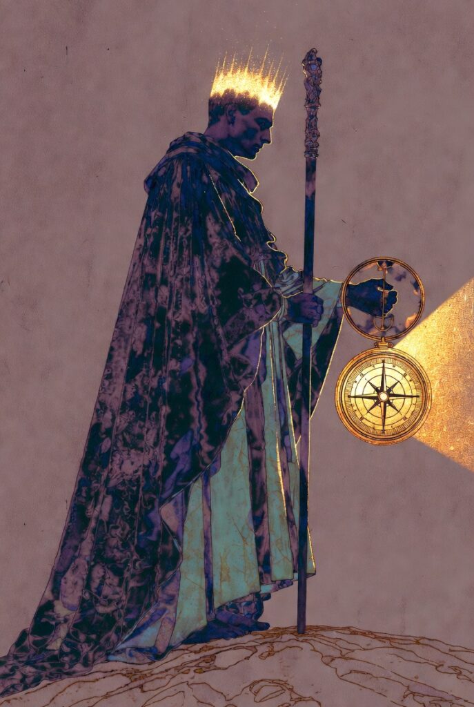 Intricate illustration of a noble figure crowned with light, holding a glowing compass and taking a definitive step forward, symbolizing Sovereign Leadership.