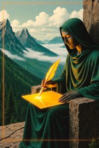 A serene, hooded figure in deep green robes, seated on a stone throne on a mountain peak, writing with a glowing golden quill on an illuminated tablet. Majestic mountains and clouds are in the background. The image symbolizes Active Sovereignty.