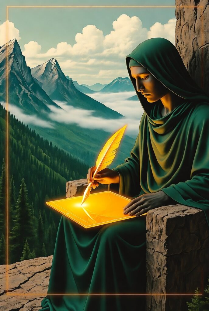 A serene, hooded figure in deep green robes, seated on a stone throne on a mountain peak, writing with a glowing golden quill on an illuminated tablet. Majestic mountains and clouds are in the background. The image symbolizes Active Sovereignty.