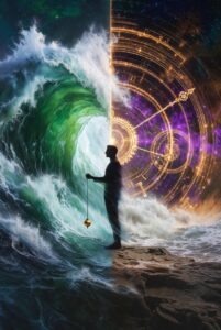 Intricate illustration of a golden conductor figure harmonizing a cosmic clock and a flowing river to symbolize Rhythmic Harmonization.