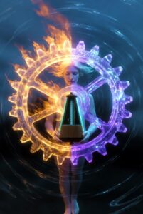 Intricate illustration of a calm figure standing at the center of two synchronized, rotating gears, symbolizing Rhythmic Harmonization.