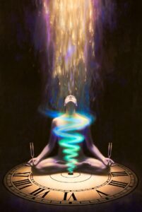Intricate, painterly illustration of a figure sitting cross-legged in a meditative pose on a giant, spinning, concentric clock face, surrounded by a rhythmic, flowing spiral of violet and gold light. The core theme is Rhythmic Harmonization.