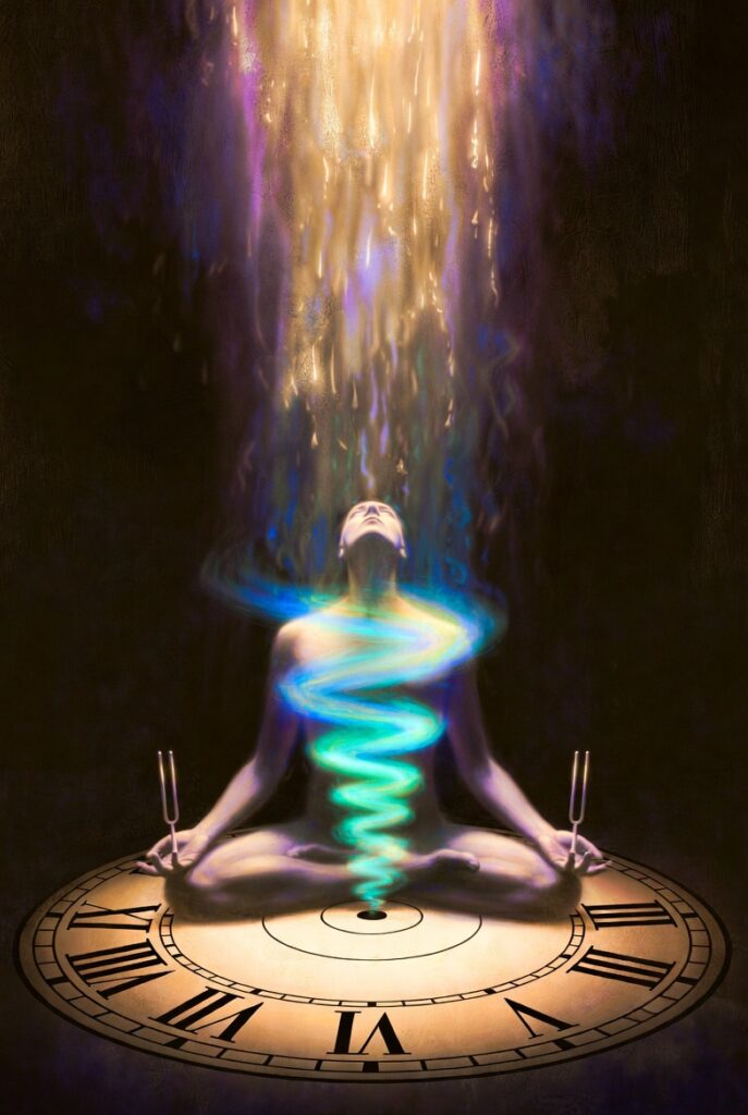 Intricate, painterly illustration of a figure sitting cross-legged in a meditative pose on a giant, spinning, concentric clock face, surrounded by a rhythmic, flowing spiral of violet and gold light. The core theme is Rhythmic Harmonization.