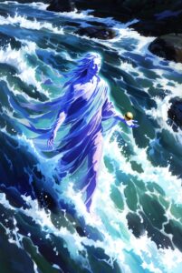 Intricate, painterly illustration of an ethereal figure standing calmly on the surface of a rapidly flowing, glowing blue and violet river, embodying The Principle of Dynamic Flow (Non-Resistance). The figure holds a shimmering golden sphere of trust.