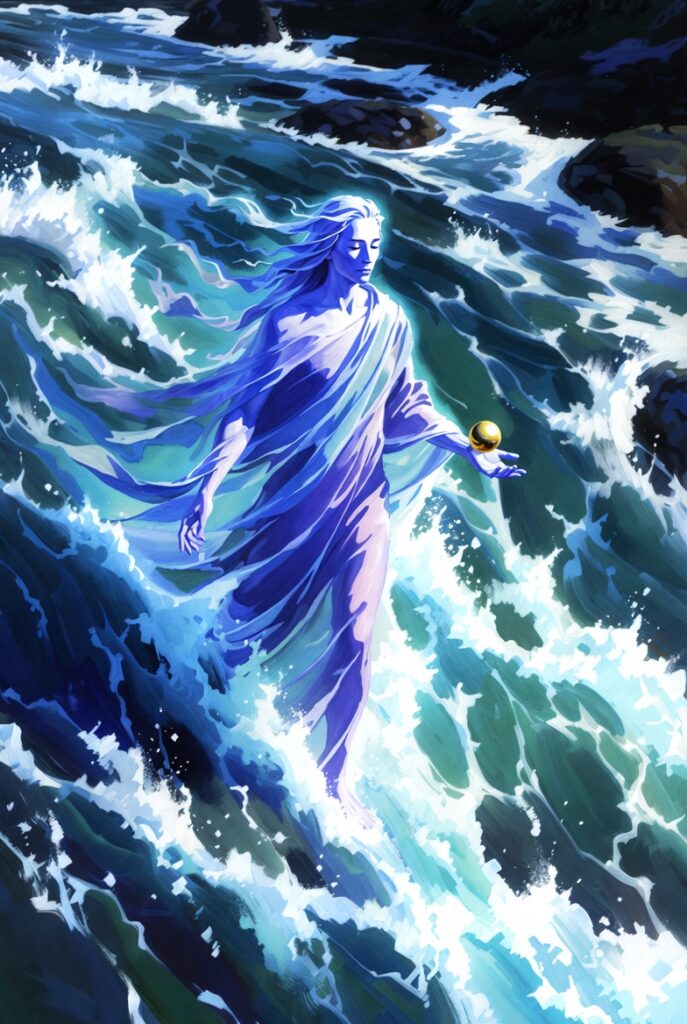 Intricate, painterly illustration of an ethereal figure standing calmly on the surface of a rapidly flowing, glowing blue and violet river, embodying The Principle of Dynamic Flow (Non-Resistance). The figure holds a shimmering golden sphere of trust.