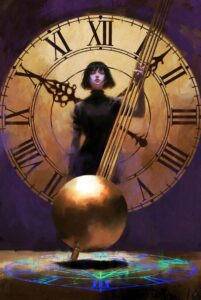 Intricate illustration of a figure holding a pendulum over a blueprint, symbolizing Rhythmic Manifestation and consistent creation.