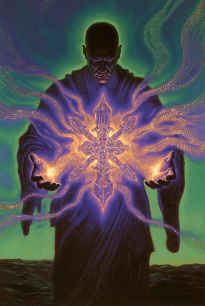 Intricate, painterly illustration of a figure with golden light emanating from their hands actively shaping a tangible object, symbolizing Dynamic Manifestation.