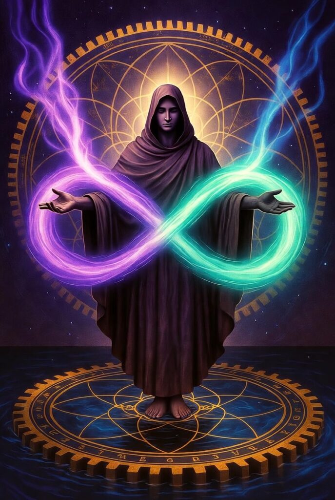 Intricate, painterly illustration of a figure standing on a rotating cosmic wheel, embodying Rhythmic Harmonization, holding a balanced hourglass (infinity) with energy flowing perfectly.