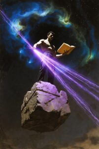 Intricate, painterly illustration of a powerful figure standing on a massive, floating stone block, actively drawing a complex cosmic blueprint in a shimmering golden book, symbolizing the Principle of Conscious Creation.
