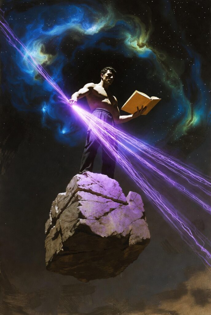 Intricate, painterly illustration of a powerful figure standing on a massive, floating stone block, actively drawing a complex cosmic blueprint in a shimmering golden book, symbolizing the Principle of Conscious Creation.